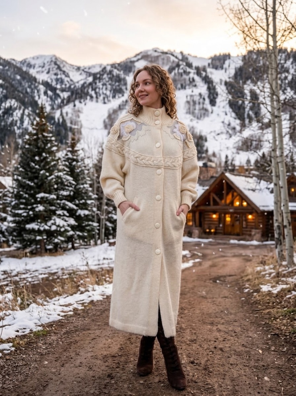 Vintage Nordic Folk Knit Midi Coat M Cream Romantic Winter Resort Boho Wedding